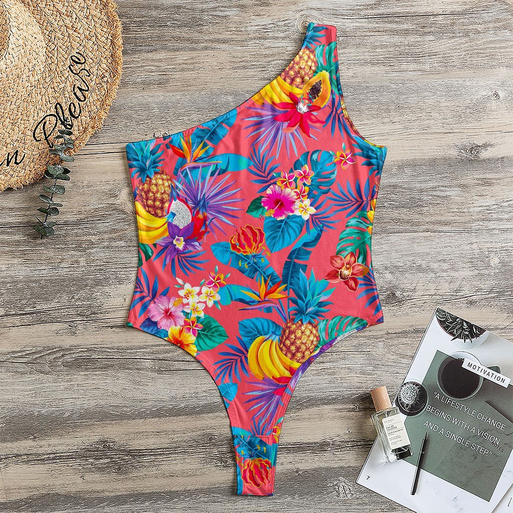 Pink Hawaiian Fruits Pattern Print One Shoulder Bodysuit