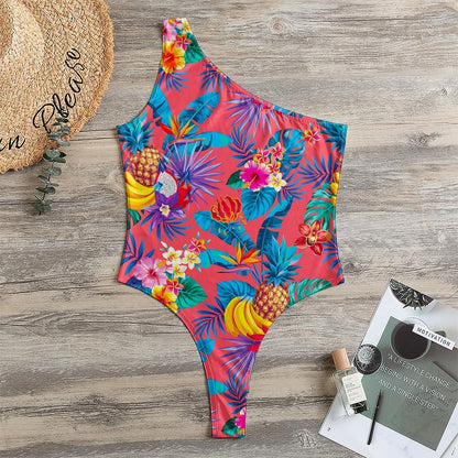 Pink Hawaiian Fruits Pattern Print One Shoulder Bodysuit