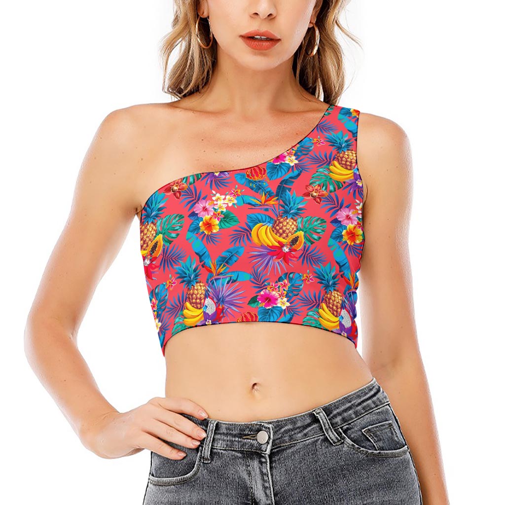 Pink Hawaiian Fruits Pattern Print One Shoulder Crop Top