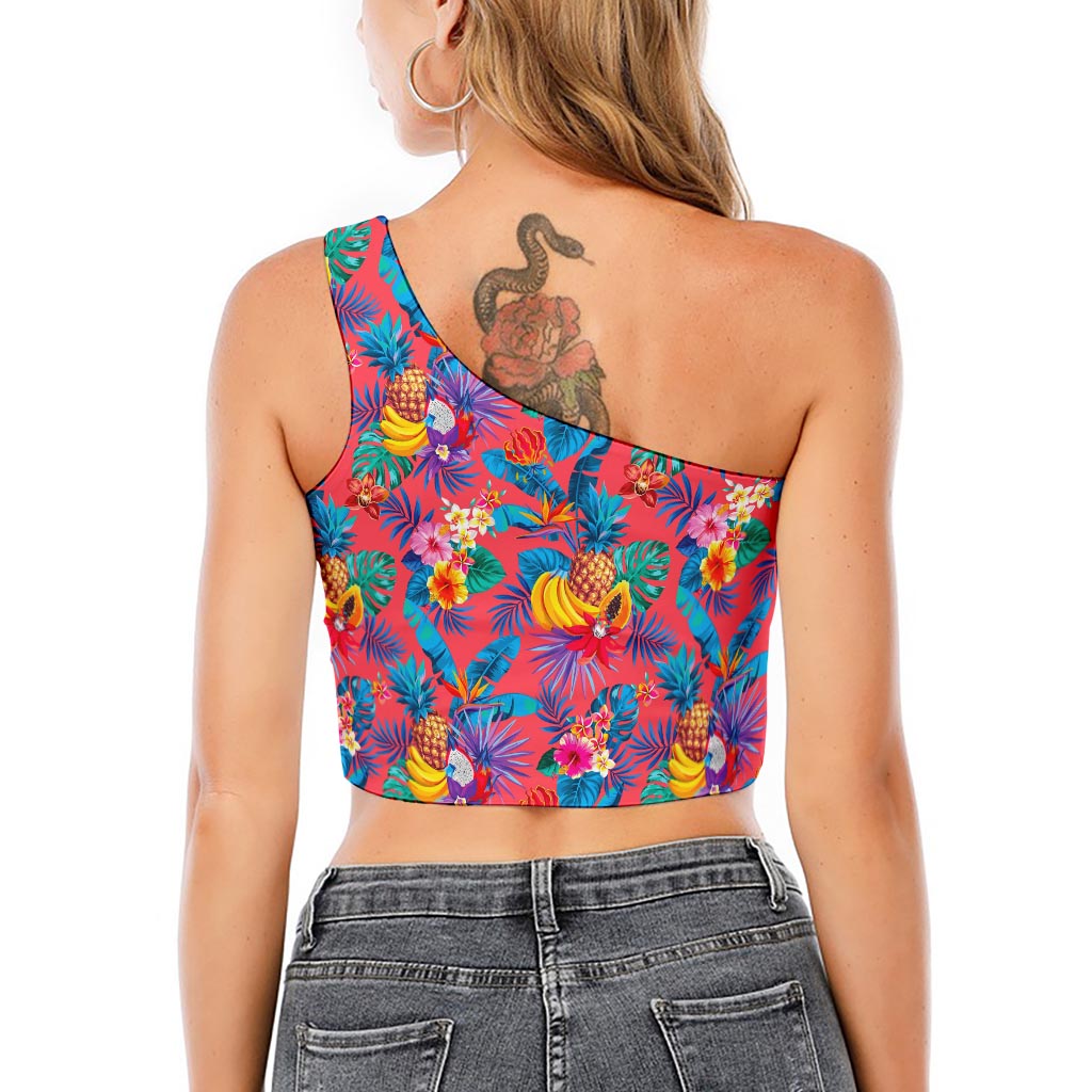 Pink Hawaiian Fruits Pattern Print One Shoulder Crop Top