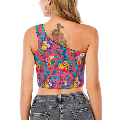 Pink Hawaiian Fruits Pattern Print One Shoulder Crop Top