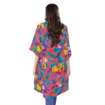 Pink Hawaiian Fruits Pattern Print Open Front Beach Cover Up