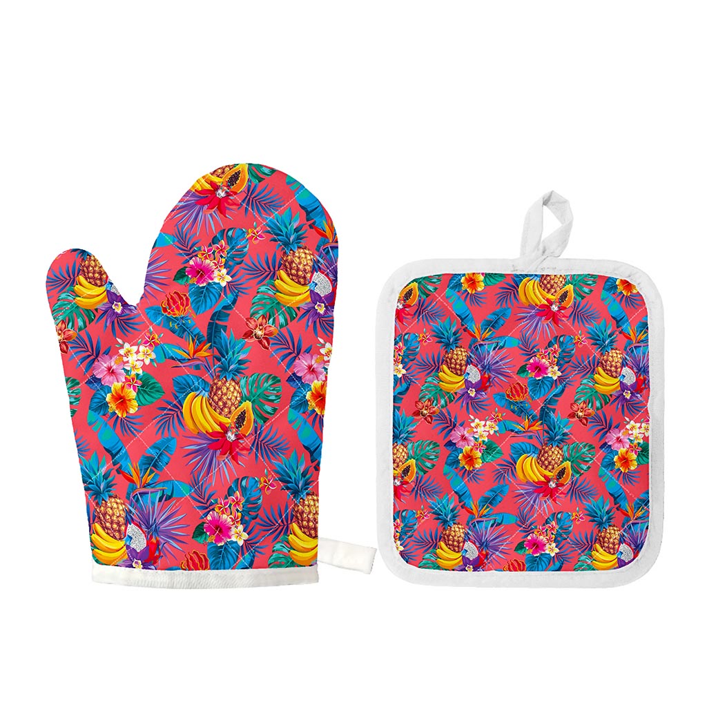 Pink Hawaiian Fruits Pattern Print Oven Mitt And Pot Holder Set