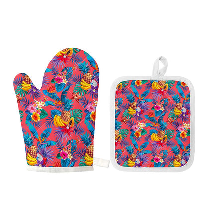 Pink Hawaiian Fruits Pattern Print Oven Mitt And Pot Holder Set