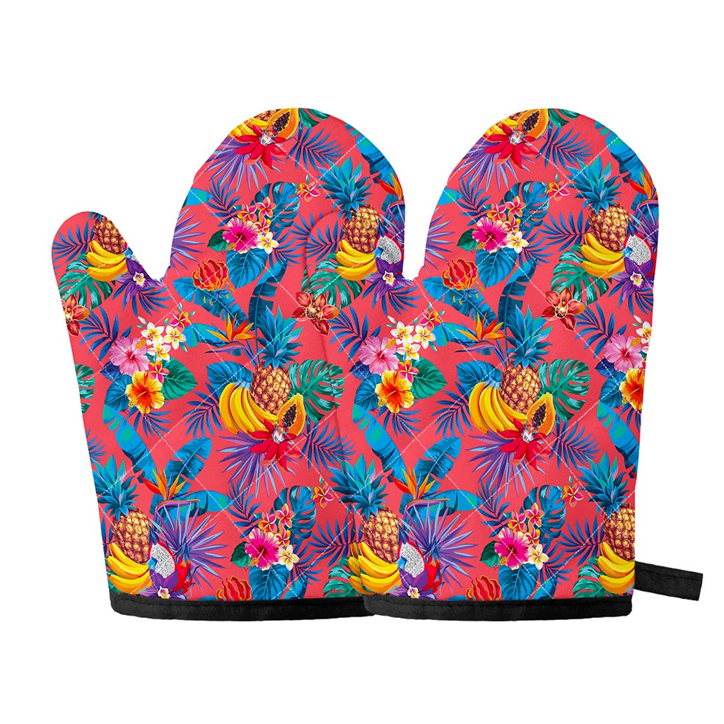 Pink Hawaiian Fruits Pattern Print Oven Mitts
