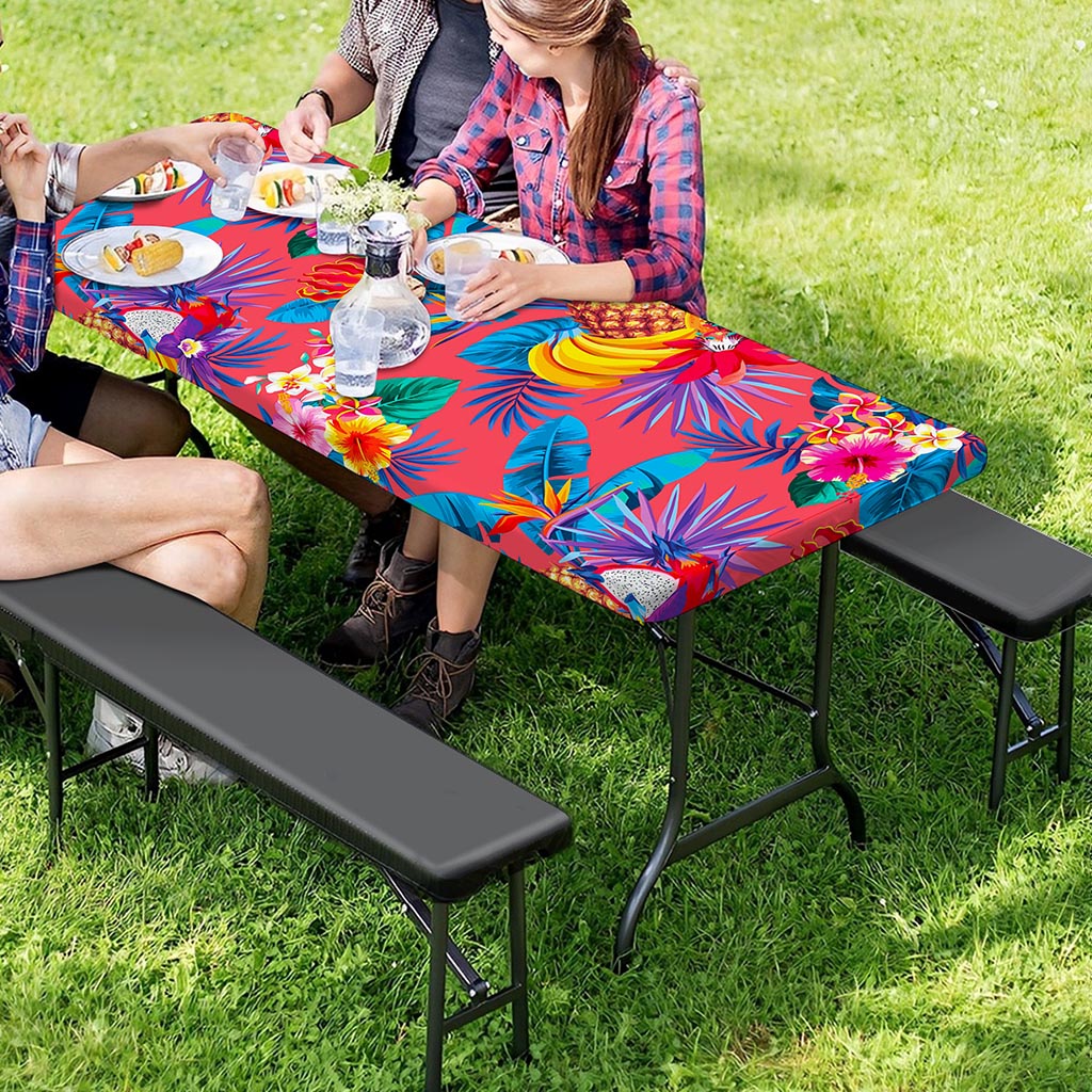 Pink Hawaiian Fruits Pattern Print Picnic Table Cover