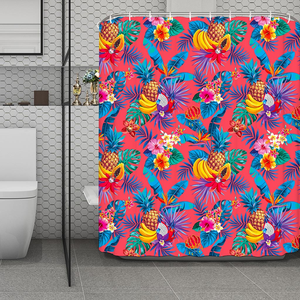 Pink Hawaiian Fruits Pattern Print Polyester Shower Curtain