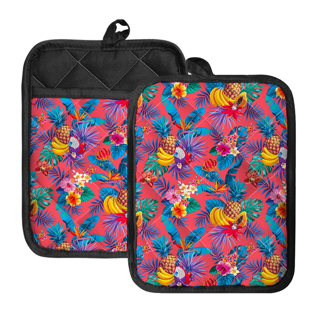 Pink Hawaiian Fruits Pattern Print Pot Holders With Pocket