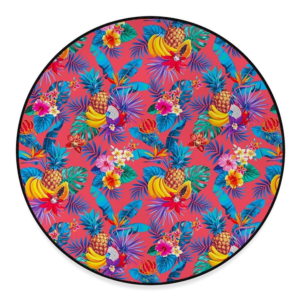 Pink Hawaiian Fruits Pattern Print Round Floor Mat