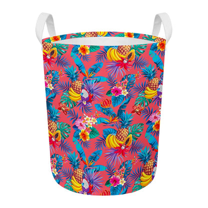 Pink Hawaiian Fruits Pattern Print Round Laundry Basket