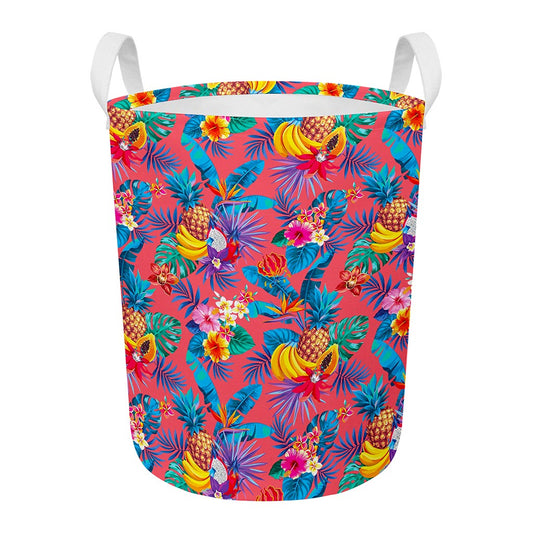 Pink Hawaiian Fruits Pattern Print Round Laundry Basket