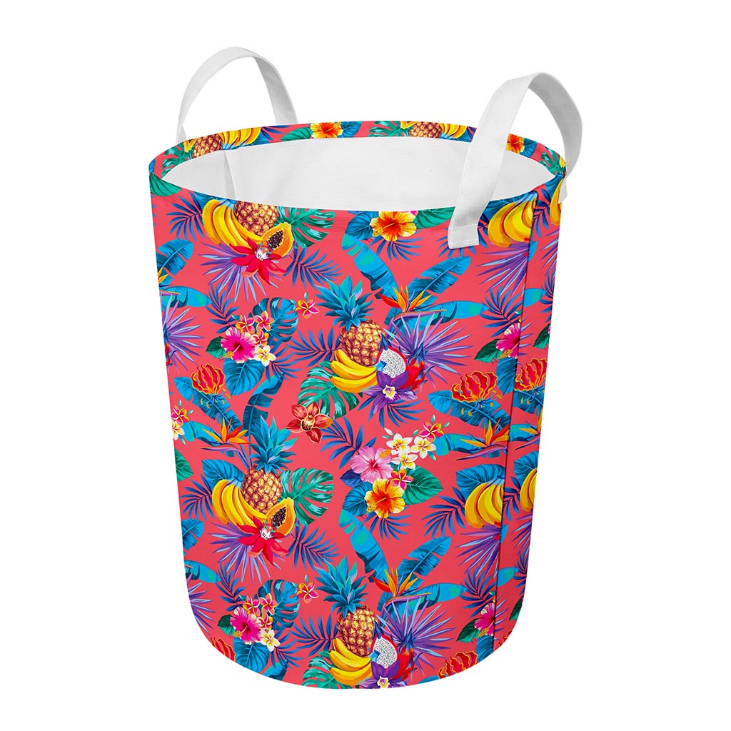 Pink Hawaiian Fruits Pattern Print Round Laundry Basket