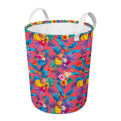 Pink Hawaiian Fruits Pattern Print Round Laundry Basket