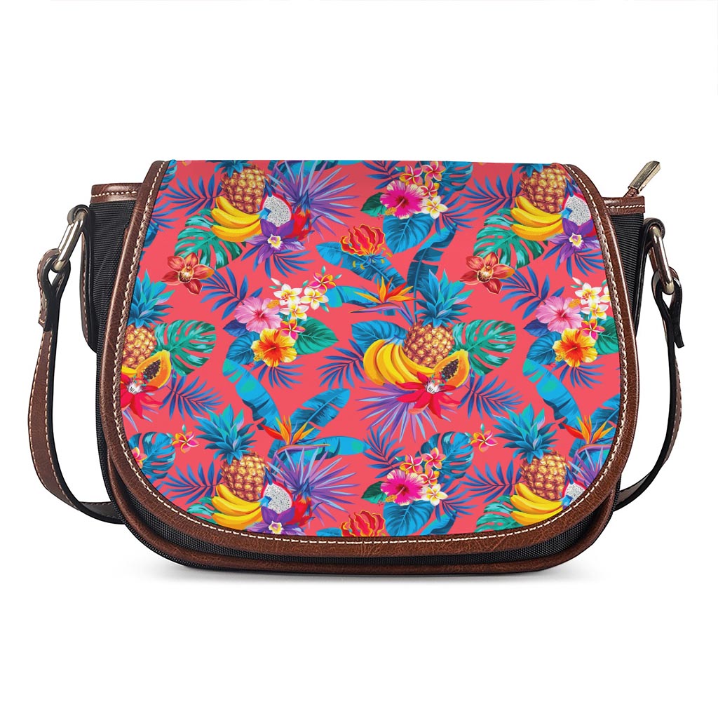 Pink Hawaiian Fruits Pattern Print Saddle Bag