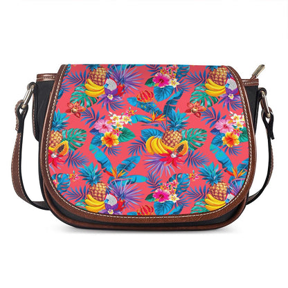 Pink Hawaiian Fruits Pattern Print Saddle Bag
