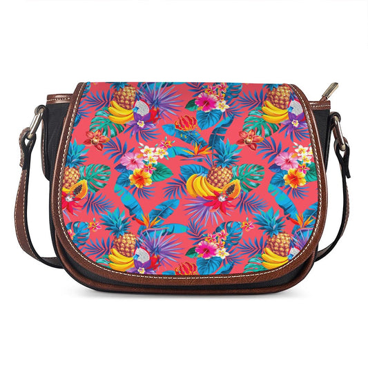 Pink Hawaiian Fruits Pattern Print Saddle Bag