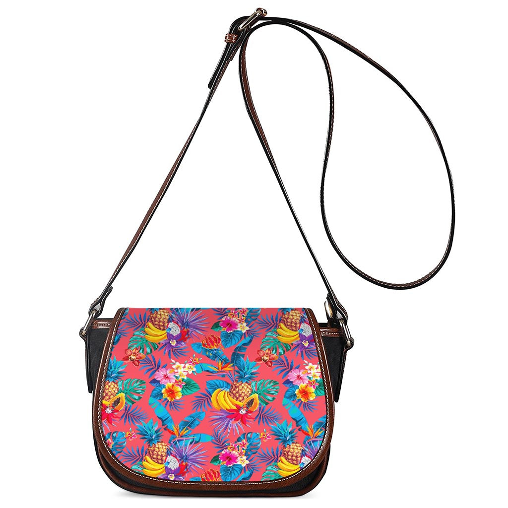 Pink Hawaiian Fruits Pattern Print Saddle Bag
