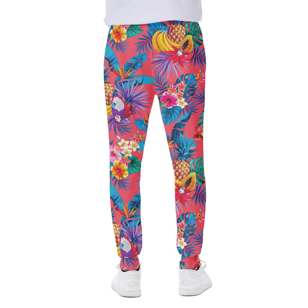 Pink Hawaiian Fruits Pattern Print Scuba Joggers