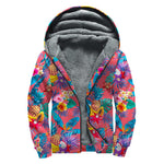 Pink Hawaiian Fruits Pattern Print Sherpa Lined Zip Up Hoodie