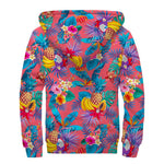 Pink Hawaiian Fruits Pattern Print Sherpa Lined Zip Up Hoodie