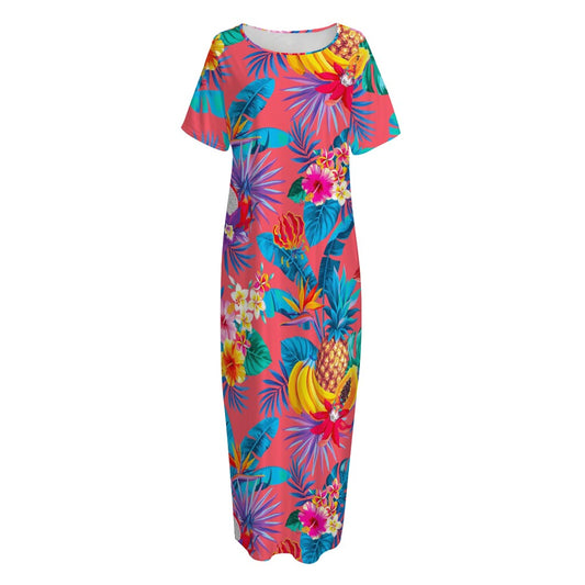 Pink Hawaiian Fruits Pattern Print Short Sleeve Long Nightdress