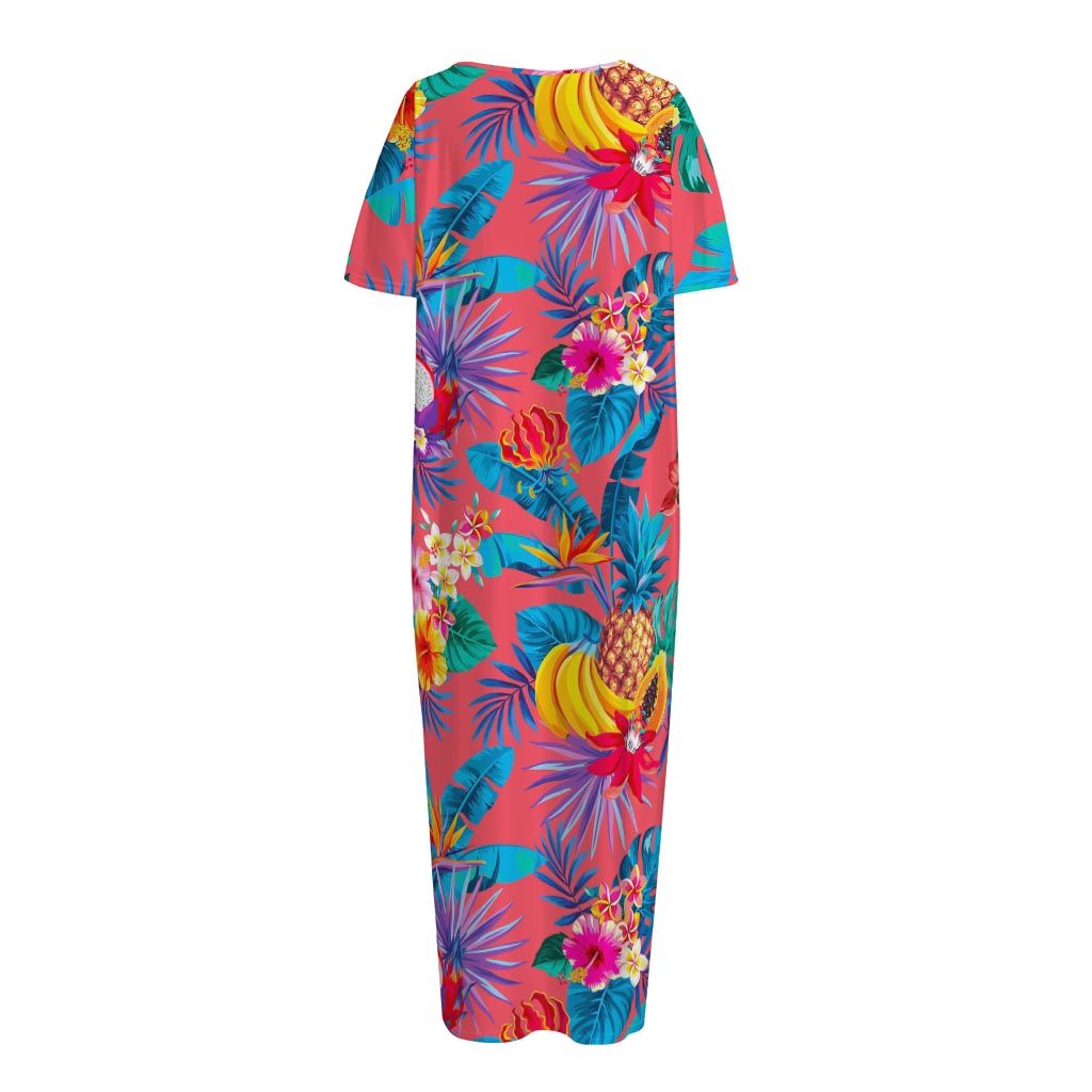 Pink Hawaiian Fruits Pattern Print Short Sleeve Long Nightdress