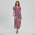 Pink Hawaiian Fruits Pattern Print Short Sleeve Maxi Dress