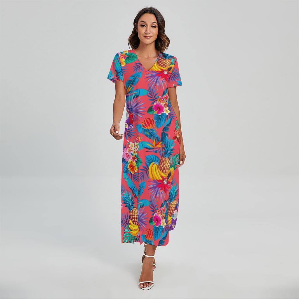 Pink Hawaiian Fruits Pattern Print Short Sleeve Maxi Dress