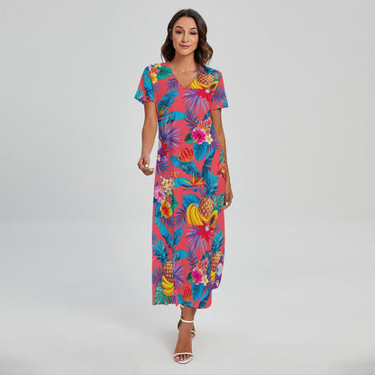 Pink Hawaiian Fruits Pattern Print Short Sleeve Maxi Dress