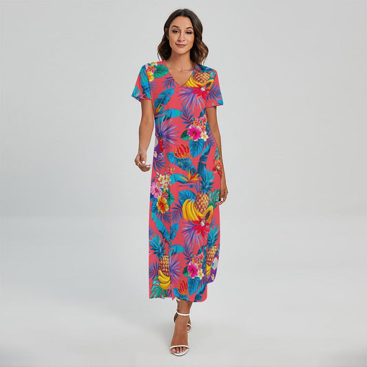 Pink Hawaiian Fruits Pattern Print Short Sleeve Maxi Dress
