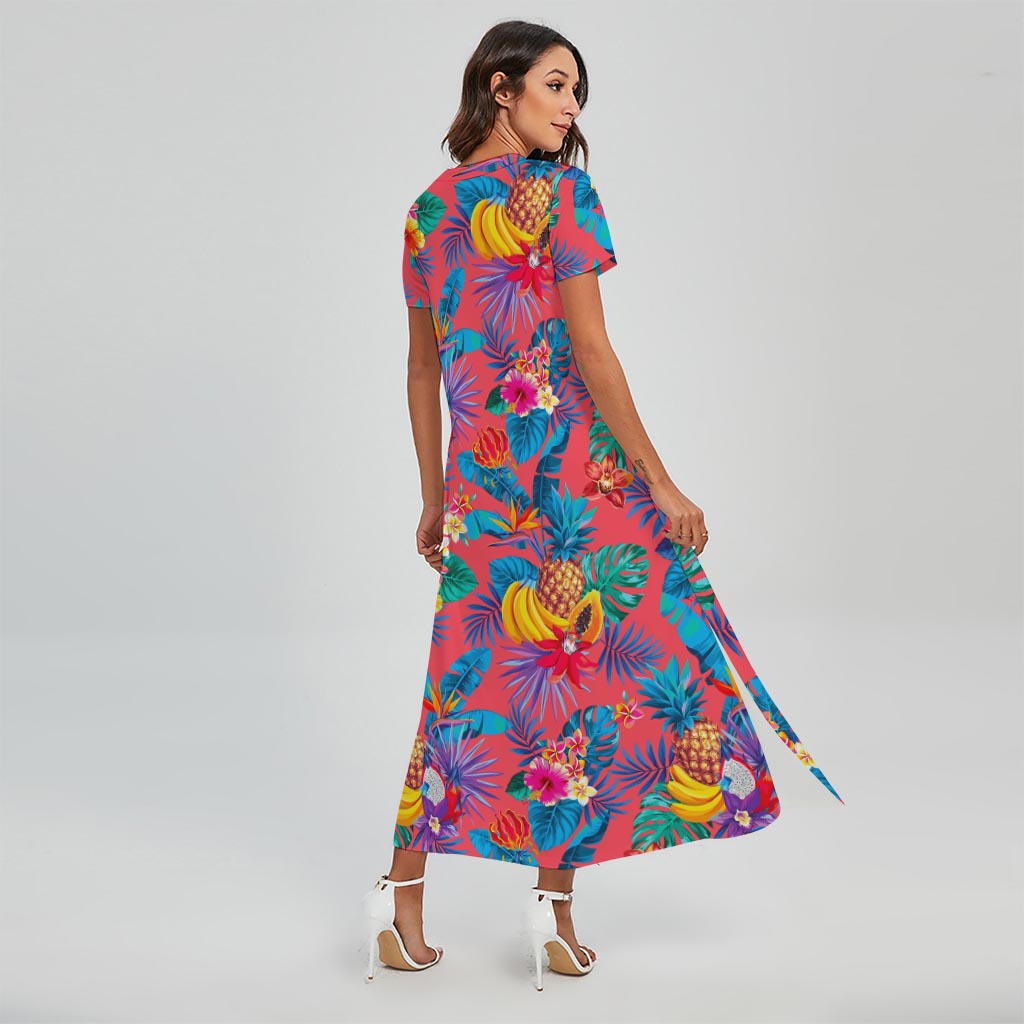 Pink Hawaiian Fruits Pattern Print Short Sleeve Maxi Dress