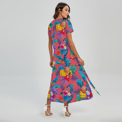 Pink Hawaiian Fruits Pattern Print Short Sleeve Maxi Dress