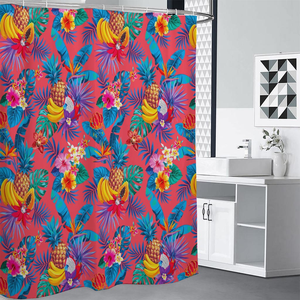 Pink Hawaiian Fruits Pattern Print Shower Curtain