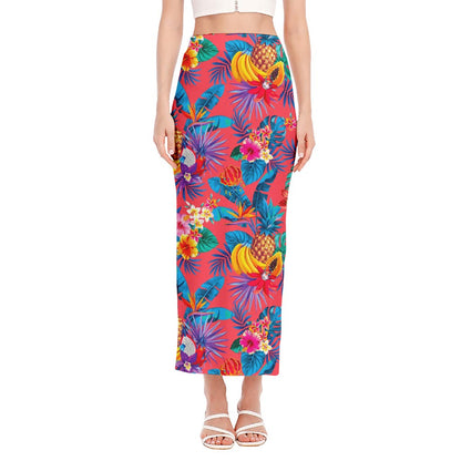 Pink Hawaiian Fruits Pattern Print Side Slit Maxi Skirt