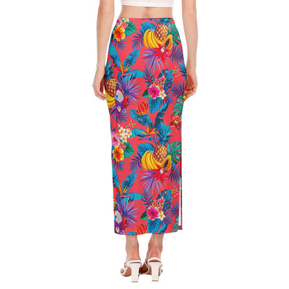 Pink Hawaiian Fruits Pattern Print Side Slit Maxi Skirt