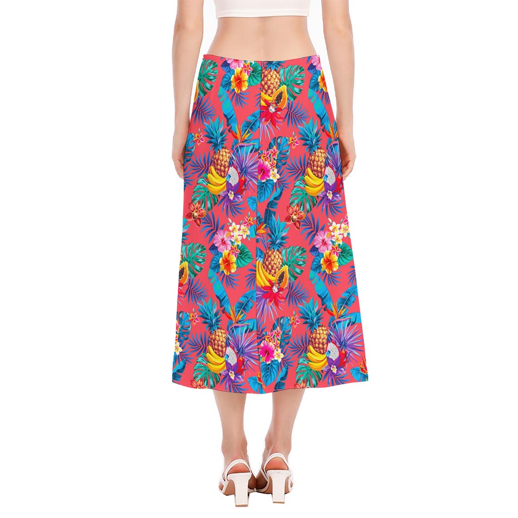 Pink Hawaiian Fruits Pattern Print Side Slit Midi Skirt