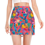 Pink Hawaiian Fruits Pattern Print Side Slit Mini Skirt