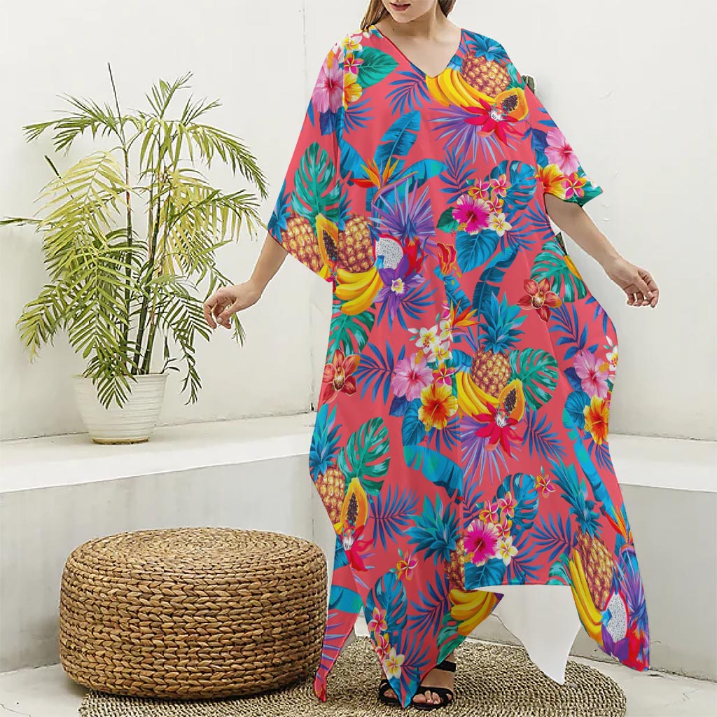 Pink Hawaiian Fruits Pattern Print Silk V-Neck Kaftan Dress