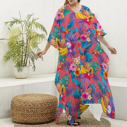 Pink Hawaiian Fruits Pattern Print Silk V-Neck Kaftan Dress