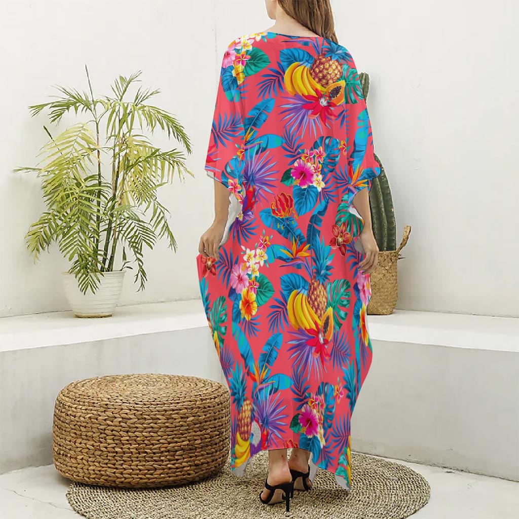 Pink Hawaiian Fruits Pattern Print Silk V-Neck Kaftan Dress