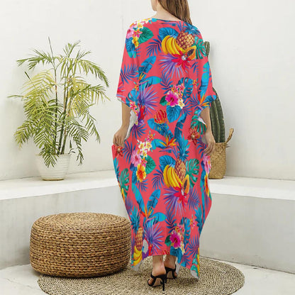 Pink Hawaiian Fruits Pattern Print Silk V-Neck Kaftan Dress
