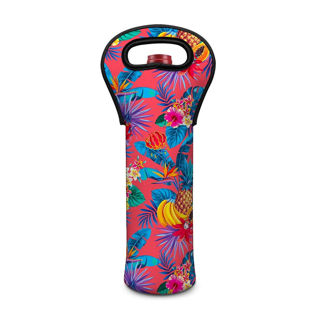 Pink Hawaiian Fruits Pattern Print Single Neoprene Wine Tote