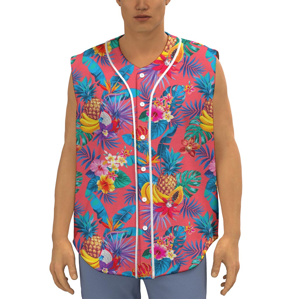 Pink Hawaiian Fruits Pattern Print Sleeveless Baseball Jersey