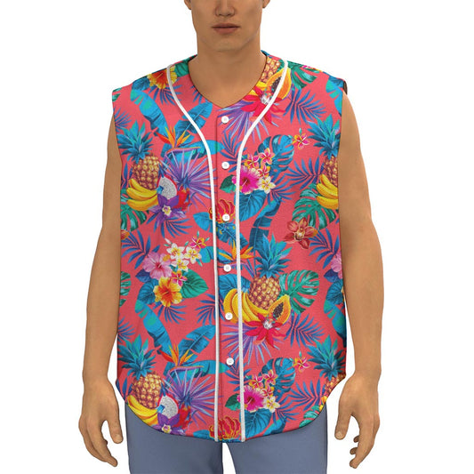Pink Hawaiian Fruits Pattern Print Sleeveless Baseball Jersey