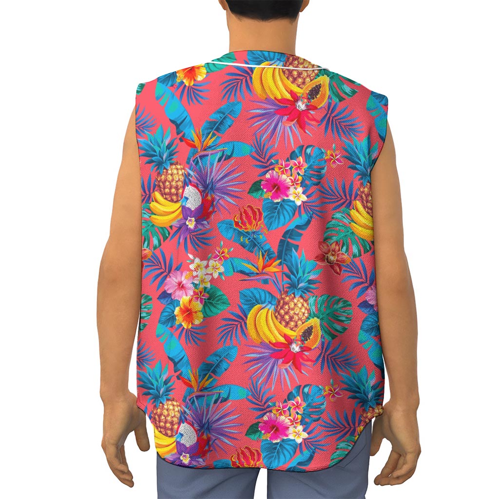Pink Hawaiian Fruits Pattern Print Sleeveless Baseball Jersey