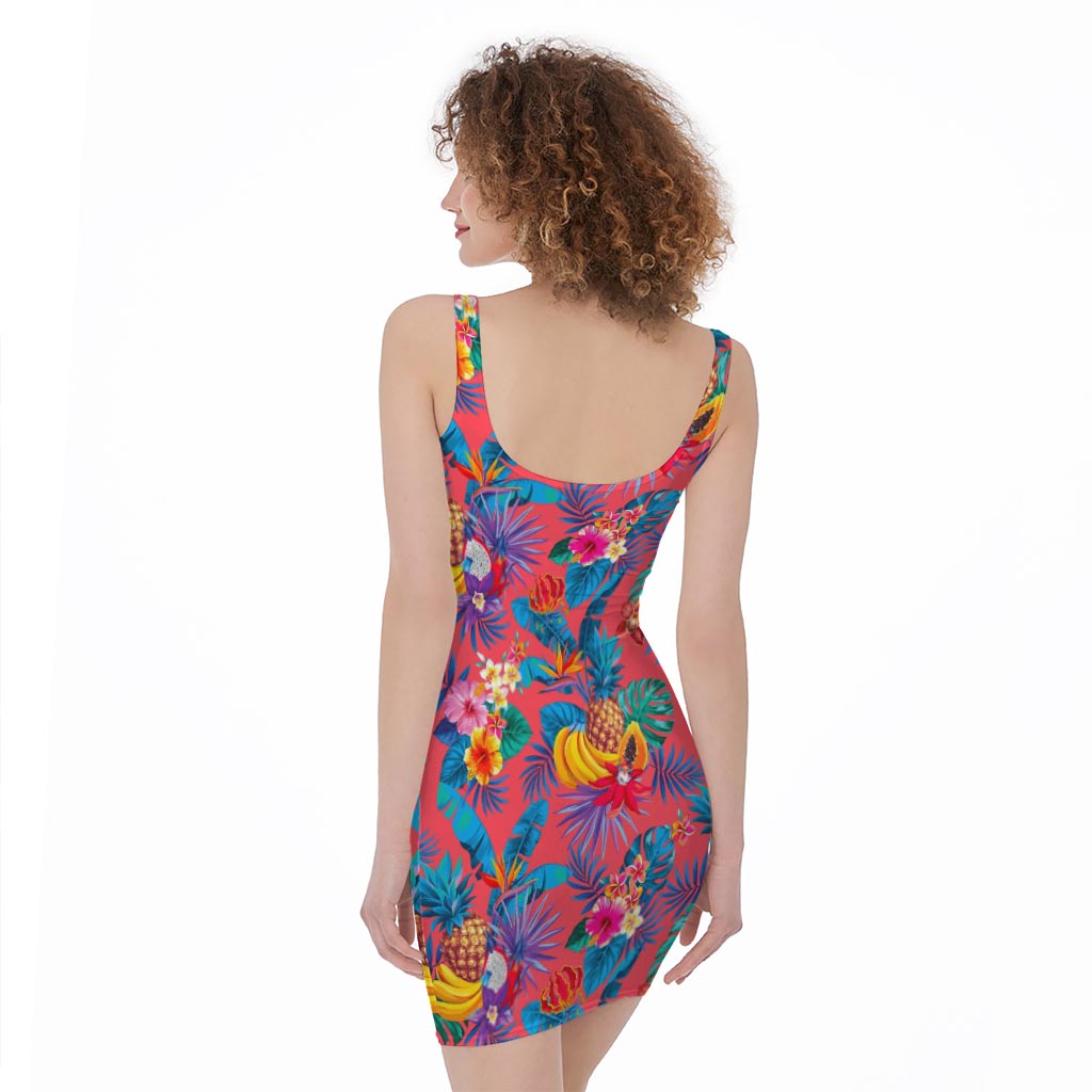 Pink Hawaiian Fruits Pattern Print Sleeveless Bodycon Dress
