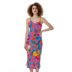 Pink Hawaiian Fruits Pattern Print Slim Fit Midi Cami Dress