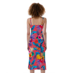Pink Hawaiian Fruits Pattern Print Slim Fit Midi Cami Dress