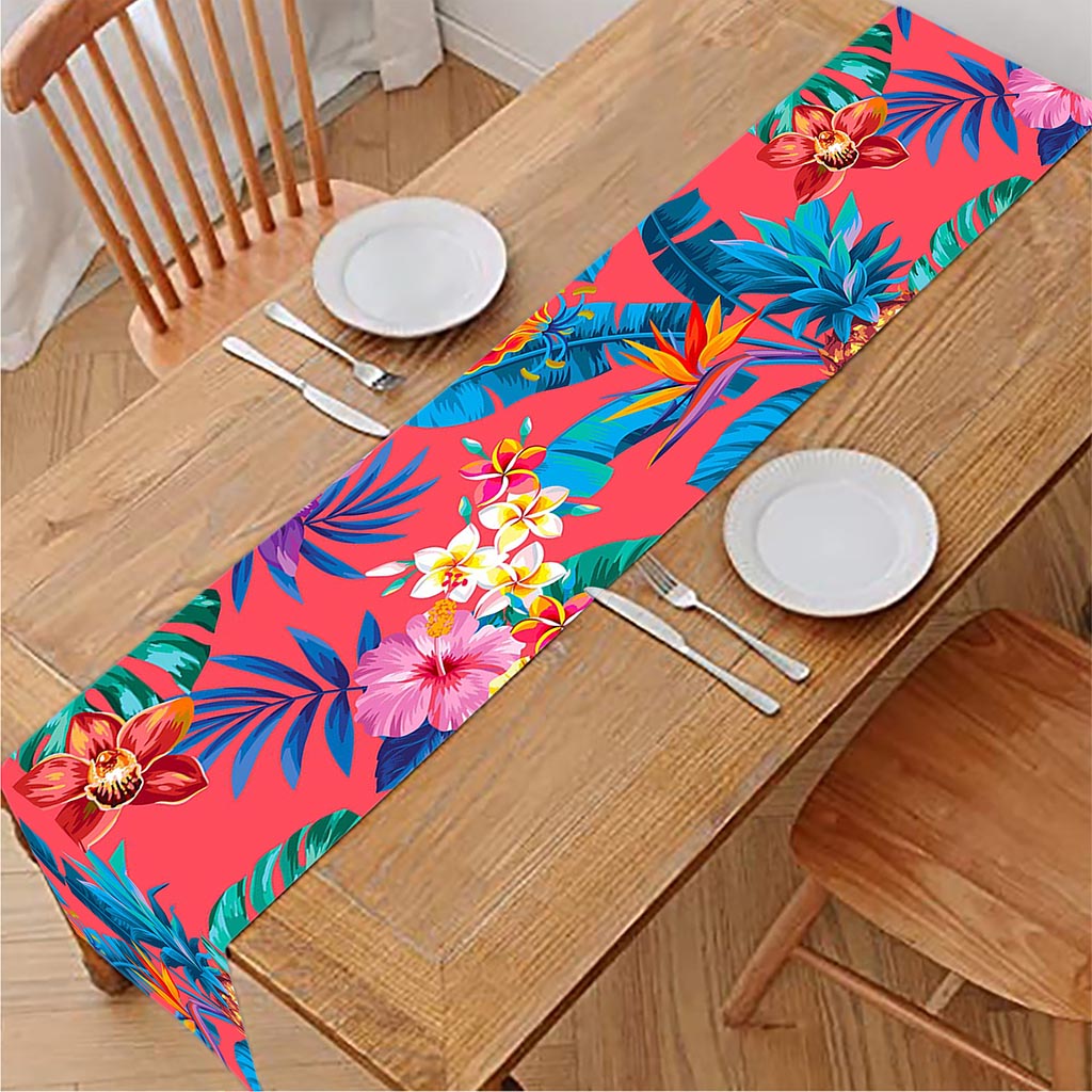 Pink Hawaiian Fruits Pattern Print Table Runner