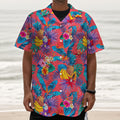 Pink Hawaiian Fruits Pattern Print Textured Short Sleeve Shirt